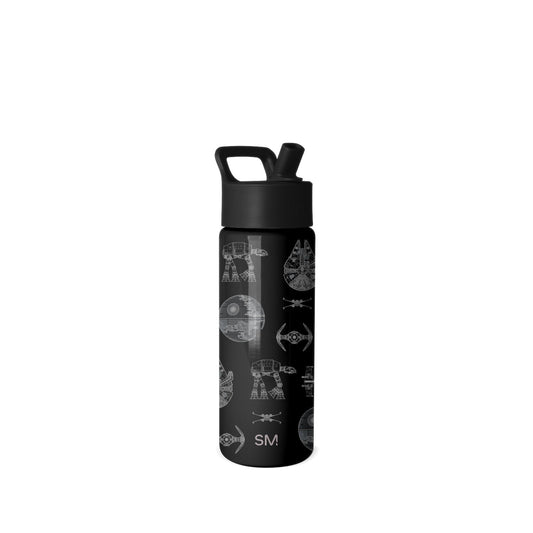 Black Simple Modern insulated water bottle with Star Wars spacecraft pattern in gray line art, featuring flip-straw lid and carrying handle, on white background.