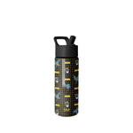 Simple Modern water bottle with black cap and handle, featuring Batman-themed design with yellow and gray graphics on black background with grid pattern, white background, front view.