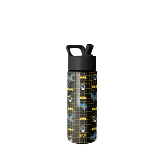 Simple Modern water bottle with black cap and handle, featuring Batman-themed design with yellow and gray graphics on black background with grid pattern, white background, front view.