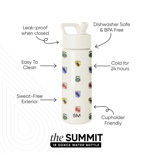Simple Modern Summit 18-ounce water bottle with cream base and decorative jewel-tone badges. Features leak-proof cap, dishwasher safe, keeps drinks cold 24 hours, sweat-free exterior, and cupholder friendly design.