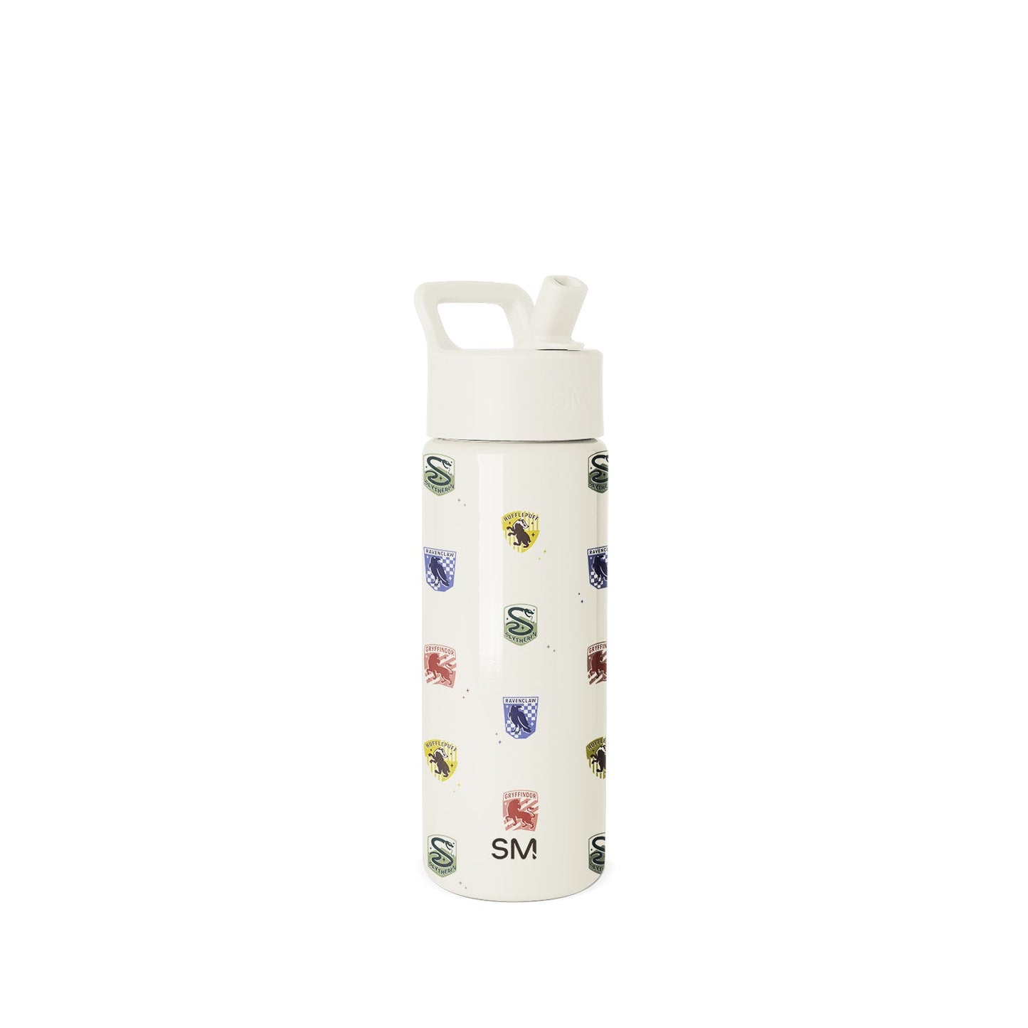 Cream-colored Simple Modern water bottle with white flip-top cap and carrying loop, featuring multicolored badge logos in green, navy, yellow, and burgundy scattered across the surface, photographed against white background.