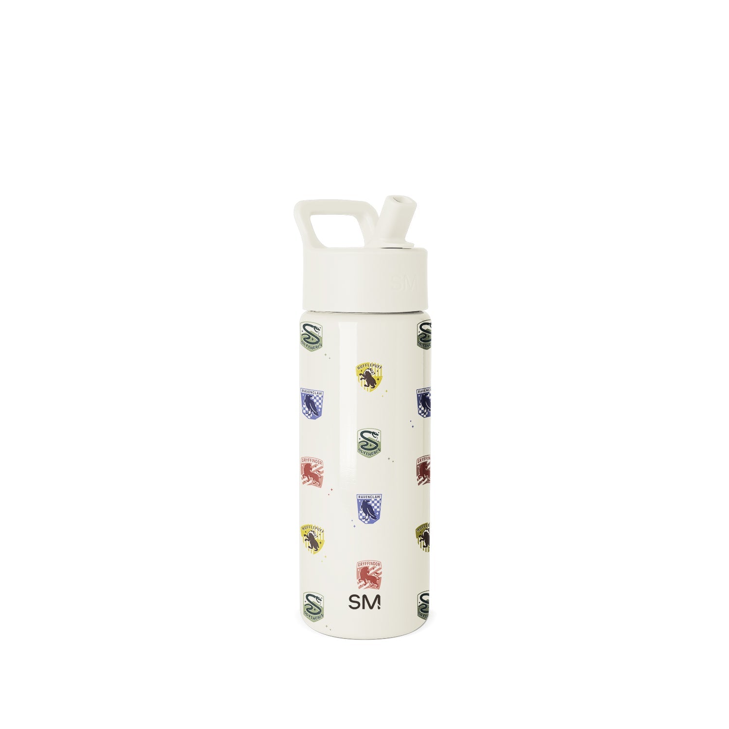 Cream-colored Simple Modern water bottle with white flip-top cap and carrying loop, featuring multicolored badge logos in green, navy, yellow, and burgundy scattered across the surface, photographed against white background.