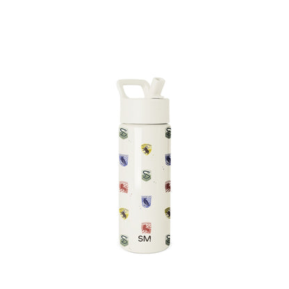 Cream-colored Simple Modern water bottle with white flip-top cap and carrying loop, featuring multicolored badge logos in green, navy, yellow, and burgundy scattered across the surface, photographed against white background.