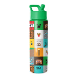 Green Minecraft-themed water bottle with colorful pixel-art designs including creeper faces, Steve characters, and game blocks stacked vertically on the cylindrical body, featuring a green flip-spout lid and carry handle.