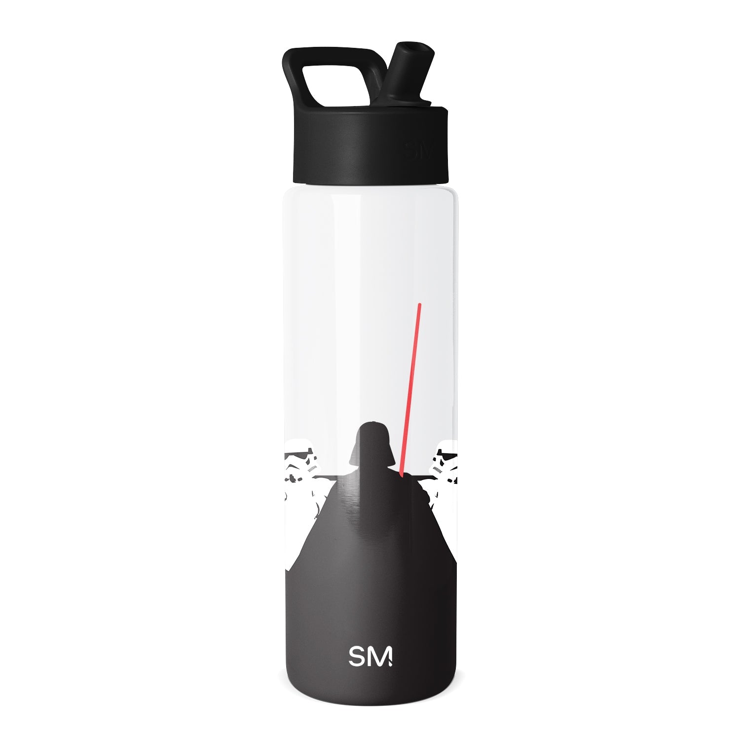 Simple Modern water bottle with white upper body and black lower section, featuring Star Wars graphics of Darth Vader with red lightsaber and stormtroopers, black screw-on cap with flip straw and carry handle.