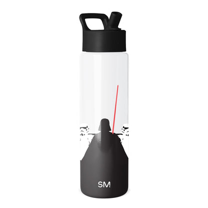 Simple Modern water bottle with white upper body and black lower section, featuring Star Wars graphics of Darth Vader with red lightsaber and stormtroopers, black screw-on cap with flip straw and carry handle.