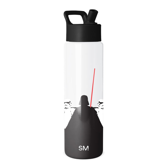 Simple Modern water bottle with white upper body and black lower section, featuring Star Wars graphics of Darth Vader with red lightsaber and stormtroopers, black screw-on cap with flip straw and carry handle.