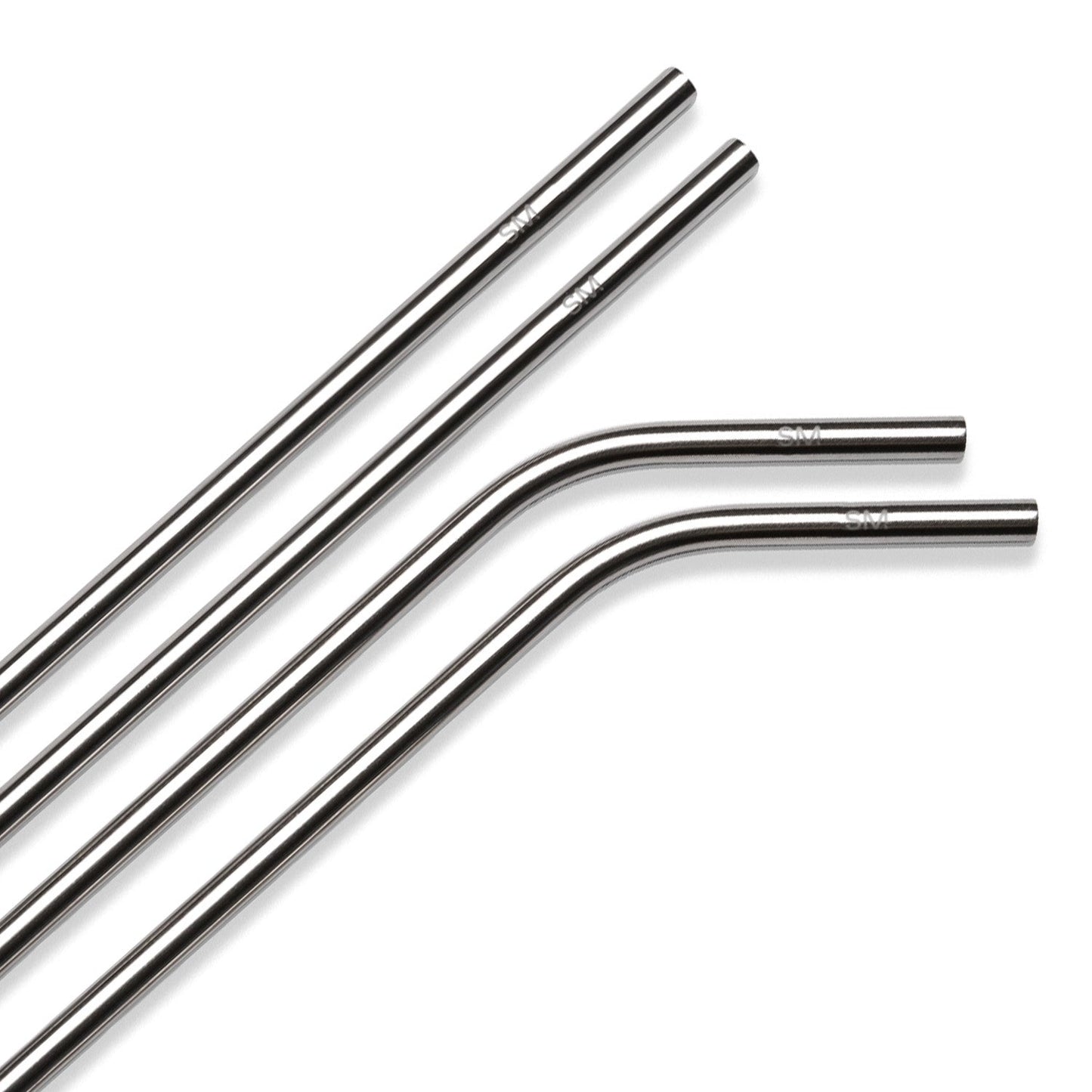 Four polished stainless steel straws with reflective chrome finish displayed against a white background, shown from a side angle view.