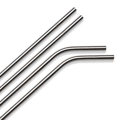 Four polished stainless steel straws with reflective chrome finish displayed against a white background, shown from a side angle view.