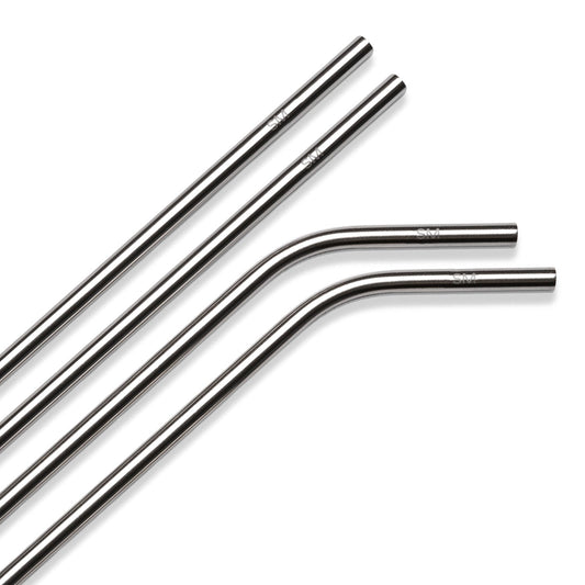 Four polished stainless steel straws with reflective chrome finish displayed against a white background, shown from a side angle view.