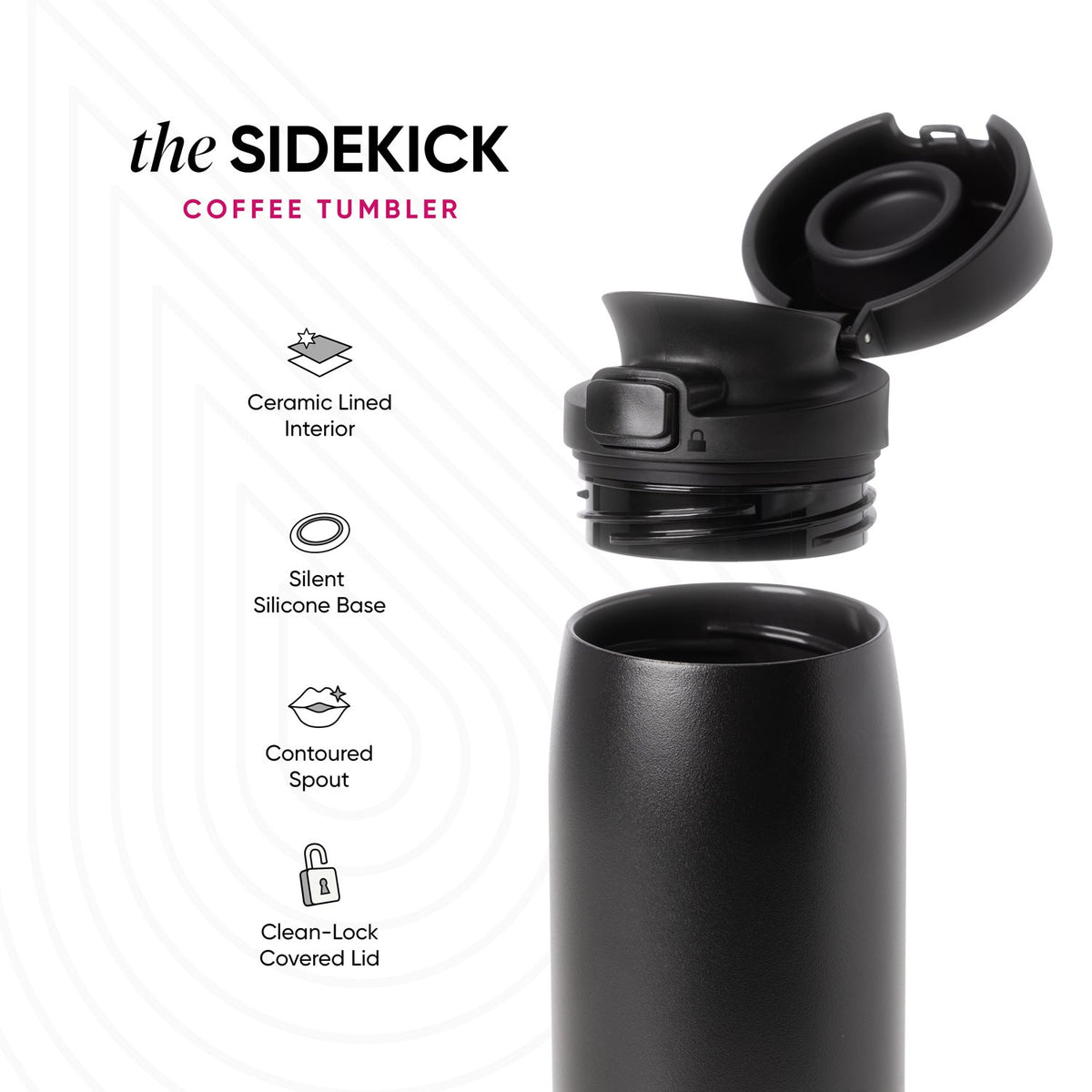 Black matte coffee tumbler with gray tonal variations on light gray background