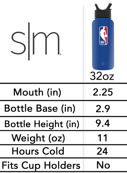 Royal blue water bottle with SM logo in dark gray on white background, featuring measurement markings along the side.