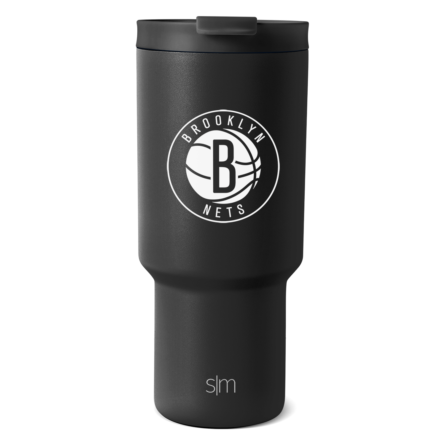 Matte black tumbler with white graphics and text design, sleek and sophisticated appearance