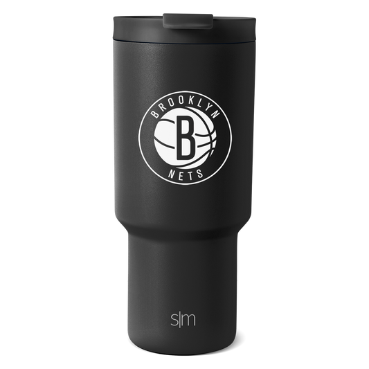 Matte black tumbler with white graphics and text design, sleek and sophisticated appearance