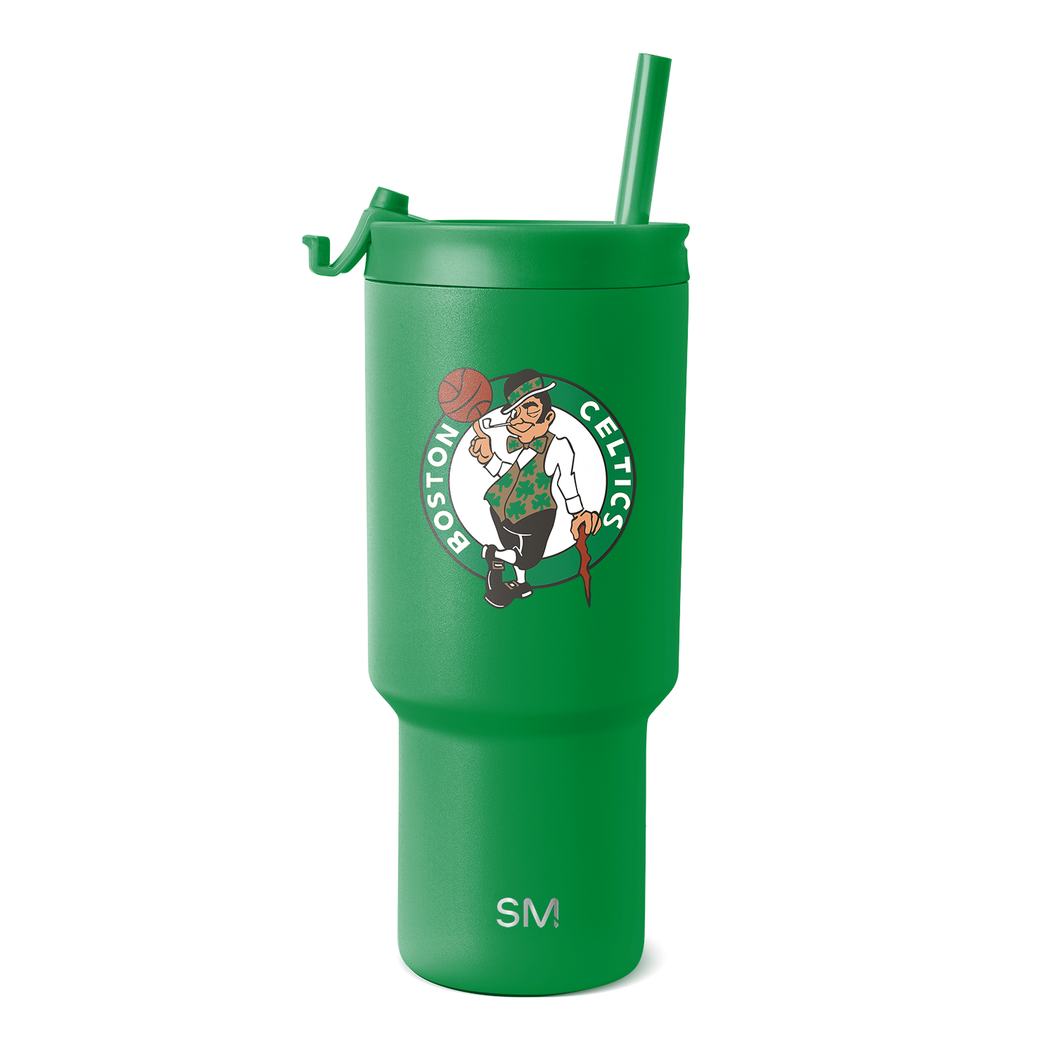 Vibrant kelly green tumbler with red and tan accent tones