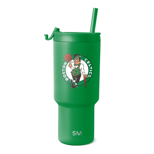 Vibrant kelly green tumbler with red and tan accent tones