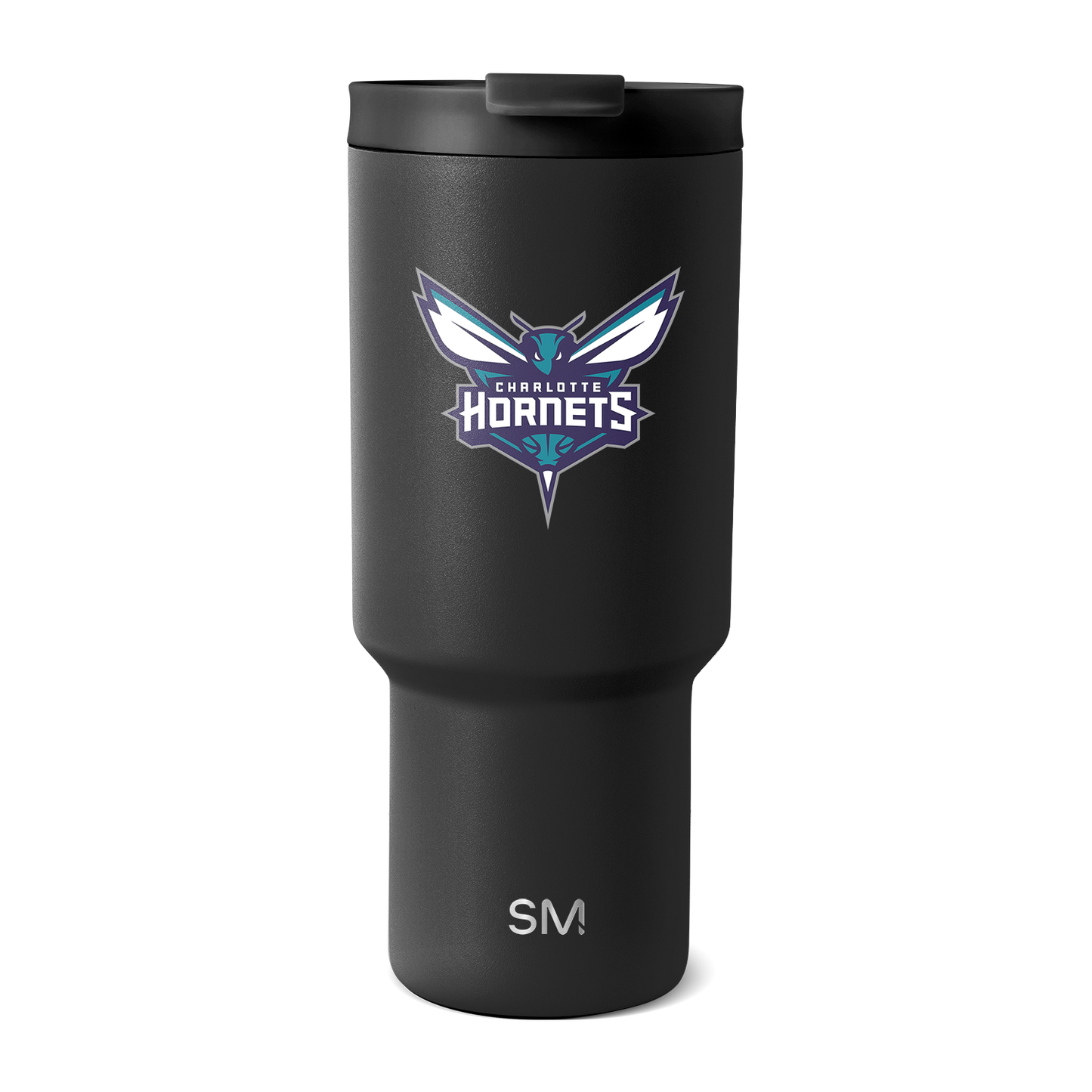 Matte black insulated tumbler with tapered cylindrical design, wide upper portion and narrow base, centered on white background