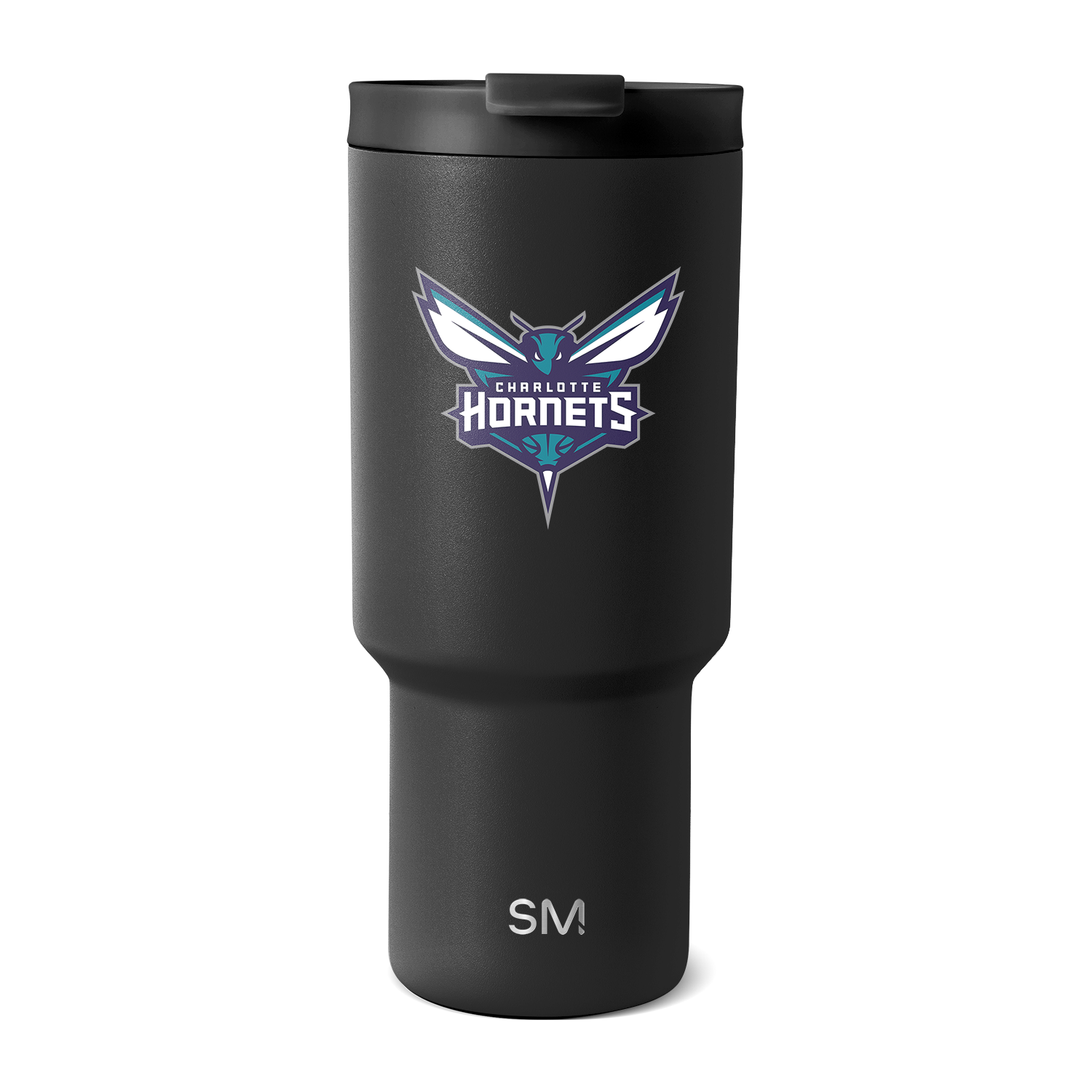 Matte black insulated tumbler with tapered cylindrical design, wide upper portion and narrow base, centered on white background