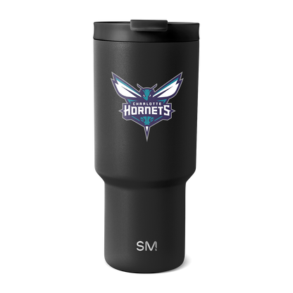 Matte black insulated tumbler with tapered cylindrical design, wide upper portion and narrow base, centered on white background