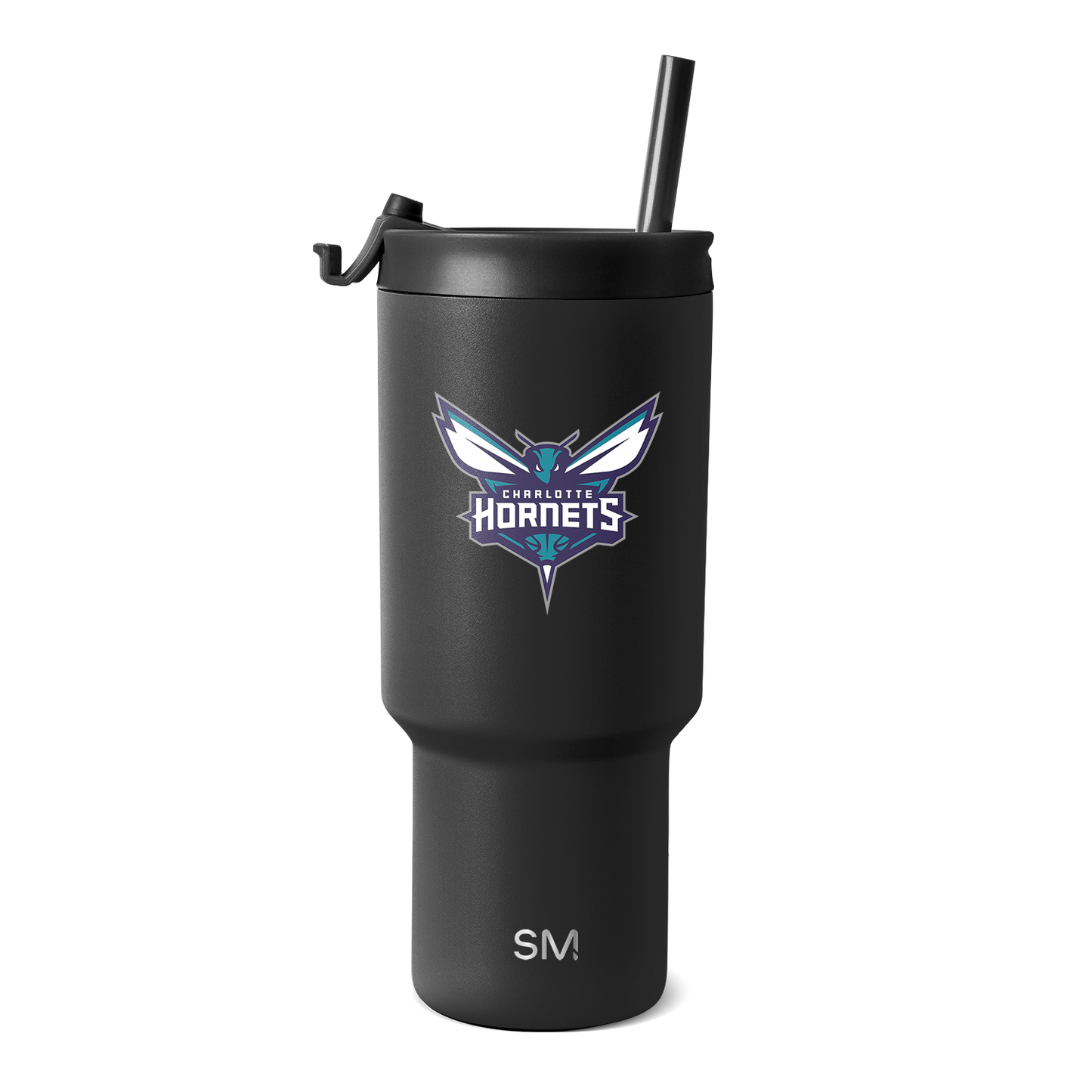 Matte black tumbler with Charlotte Hornets logo featuring teal and purple colors
