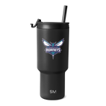 Matte black tumbler with Charlotte Hornets logo featuring teal and purple colors