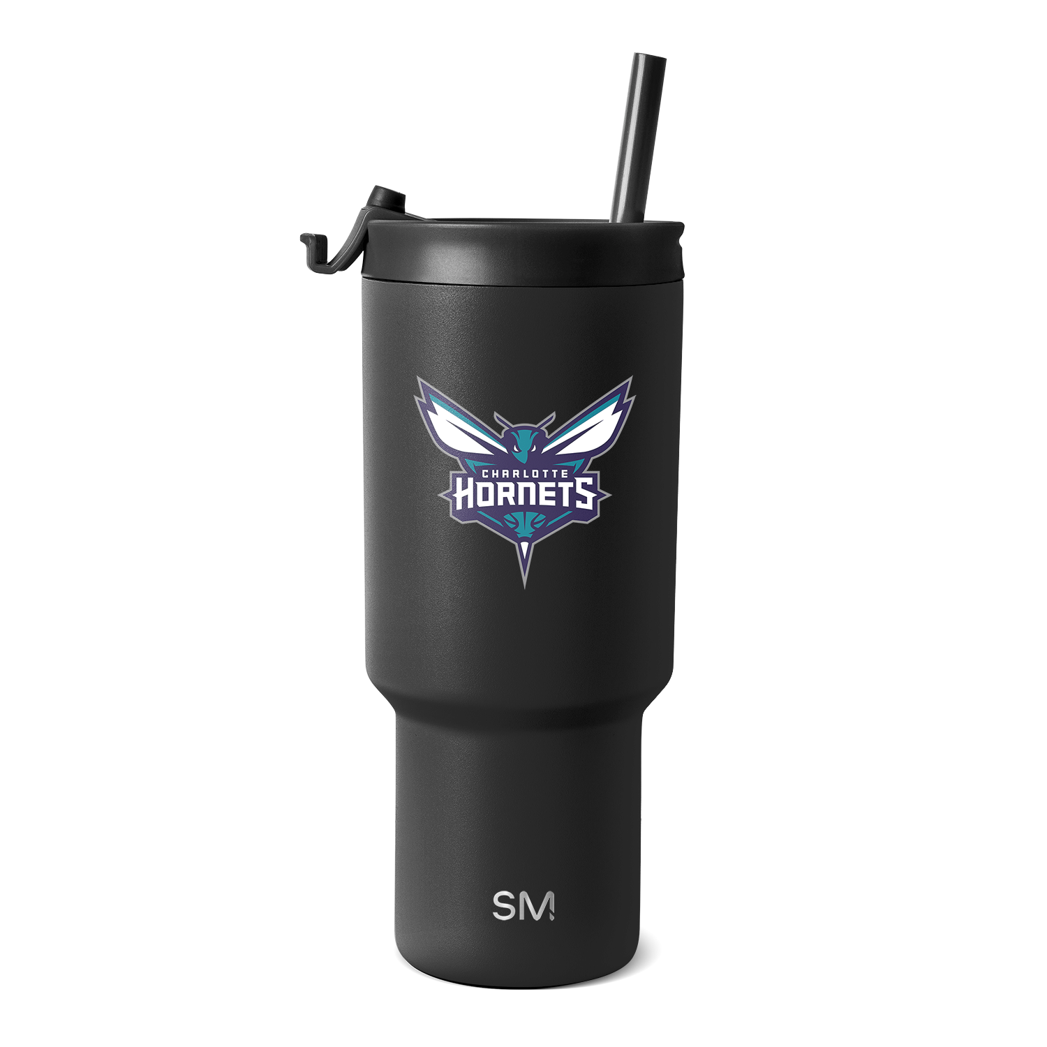 Matte black tumbler with Charlotte Hornets logo featuring teal and purple colors