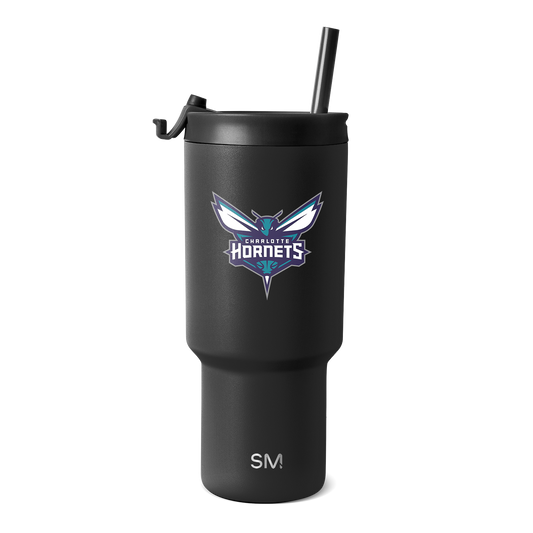 Matte black tumbler with Charlotte Hornets logo featuring teal and purple colors