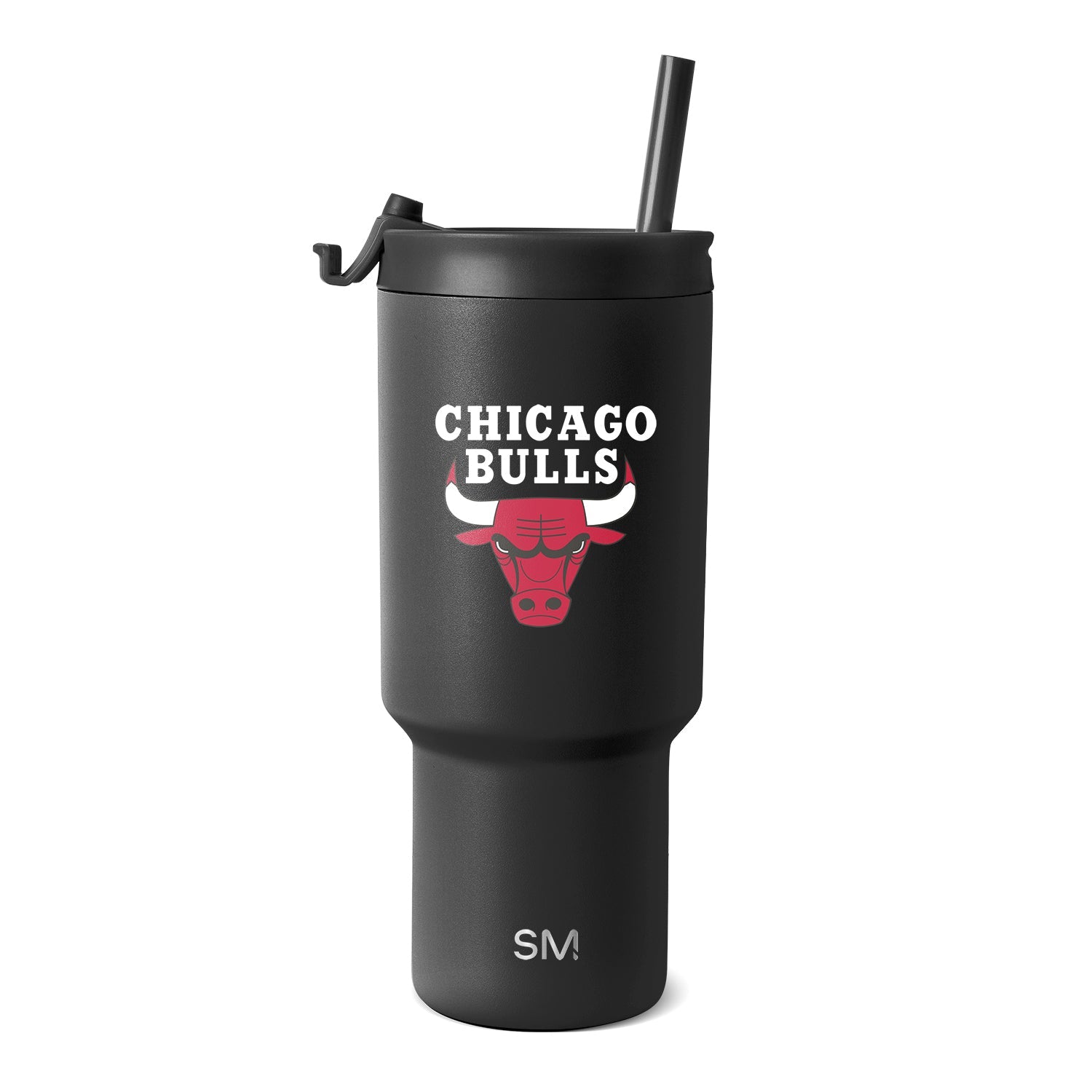 Black matte tumbler with Chicago Bulls logo featuring red bull head with white horns and white text on smooth textured finish