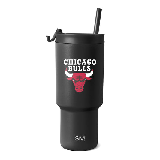Black matte tumbler with Chicago Bulls logo featuring red bull head with white horns and white text on smooth textured finish