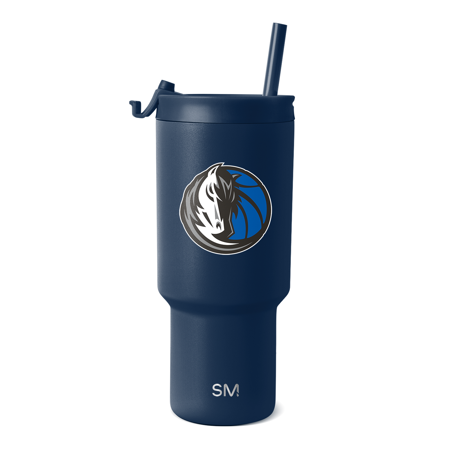 Navy blue tumbler with circular logo featuring bright blue, black, white, and gray colors