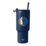 Navy blue tumbler with circular logo featuring bright blue, black, white, and gray colors