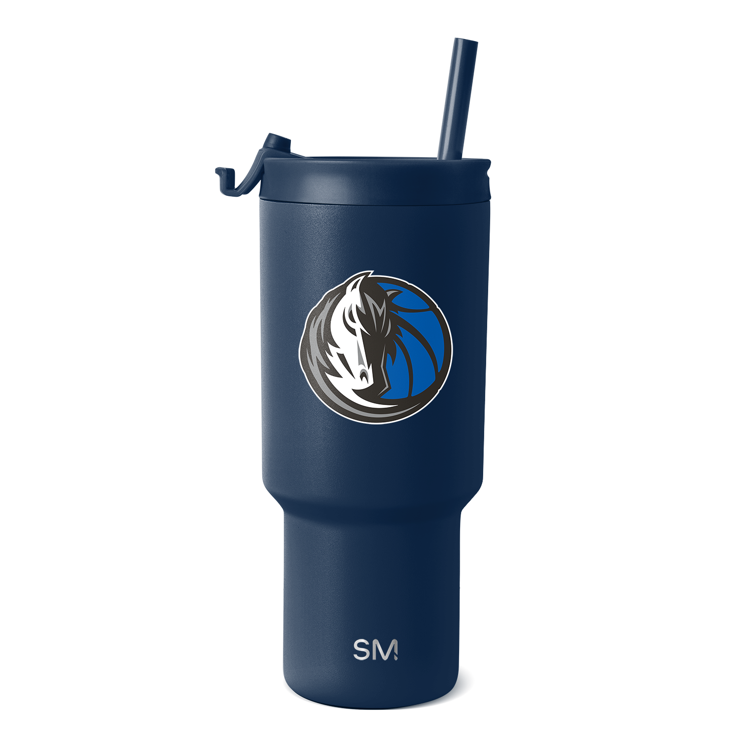 Navy blue tumbler with circular logo featuring bright blue, black, white, and gray colors