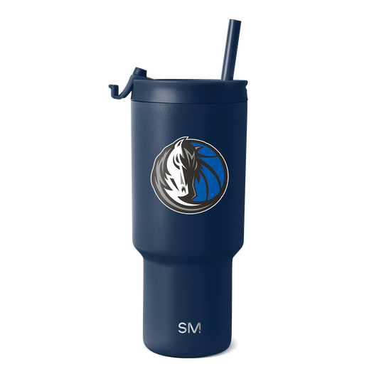 Navy blue tumbler with circular logo featuring bright blue, black, white, and gray colors
