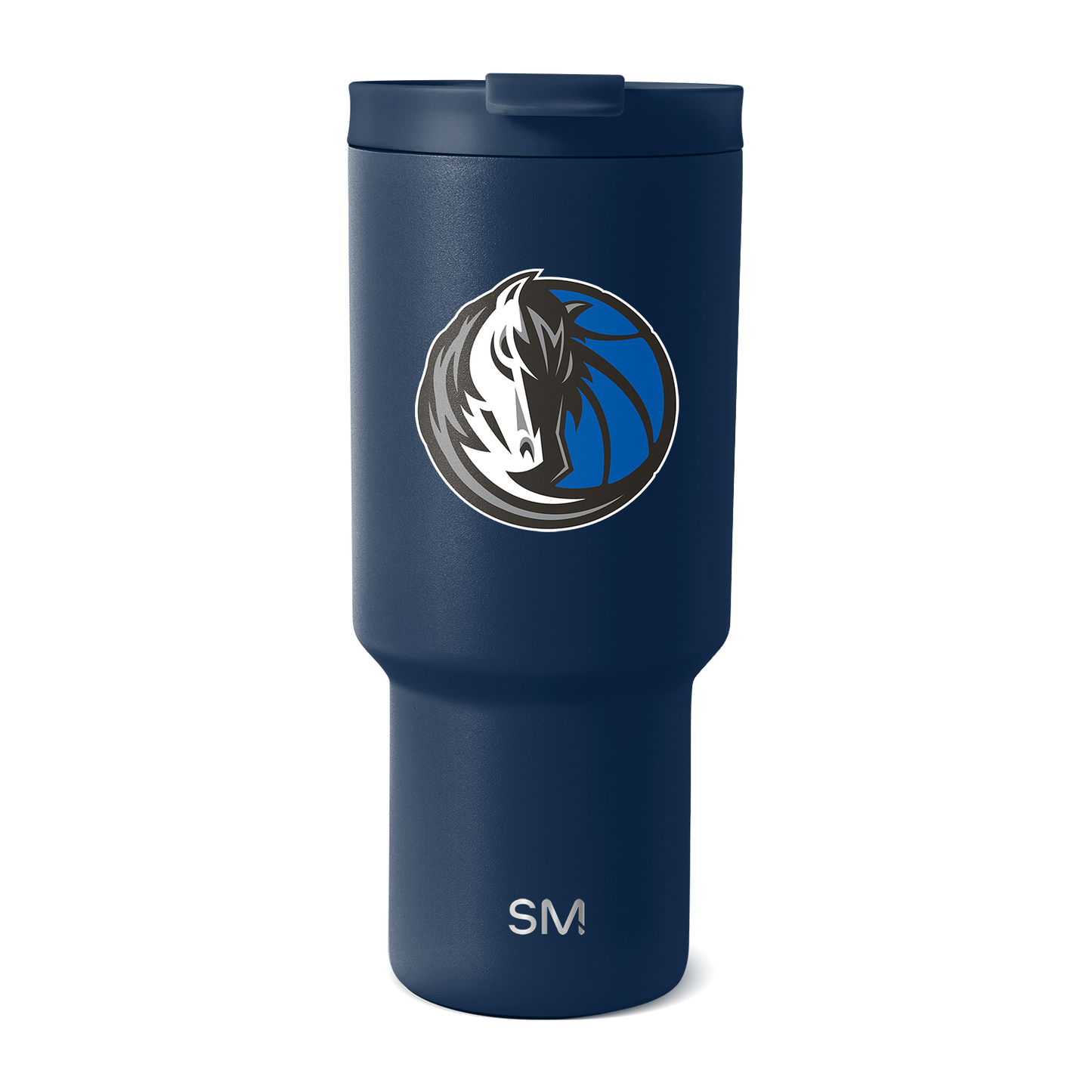 Navy blue insulated tumbler with white graphics, featuring a professional design on a deep saturated background.