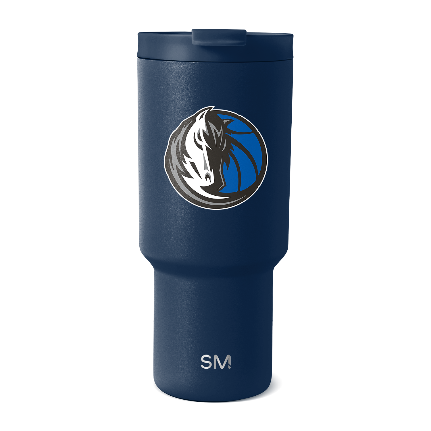 Navy blue insulated tumbler with white graphics, featuring a professional design on a deep saturated background.