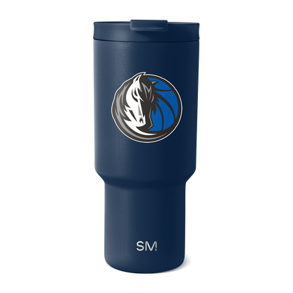 Navy blue insulated tumbler with white graphics, featuring a professional design on a deep saturated background.