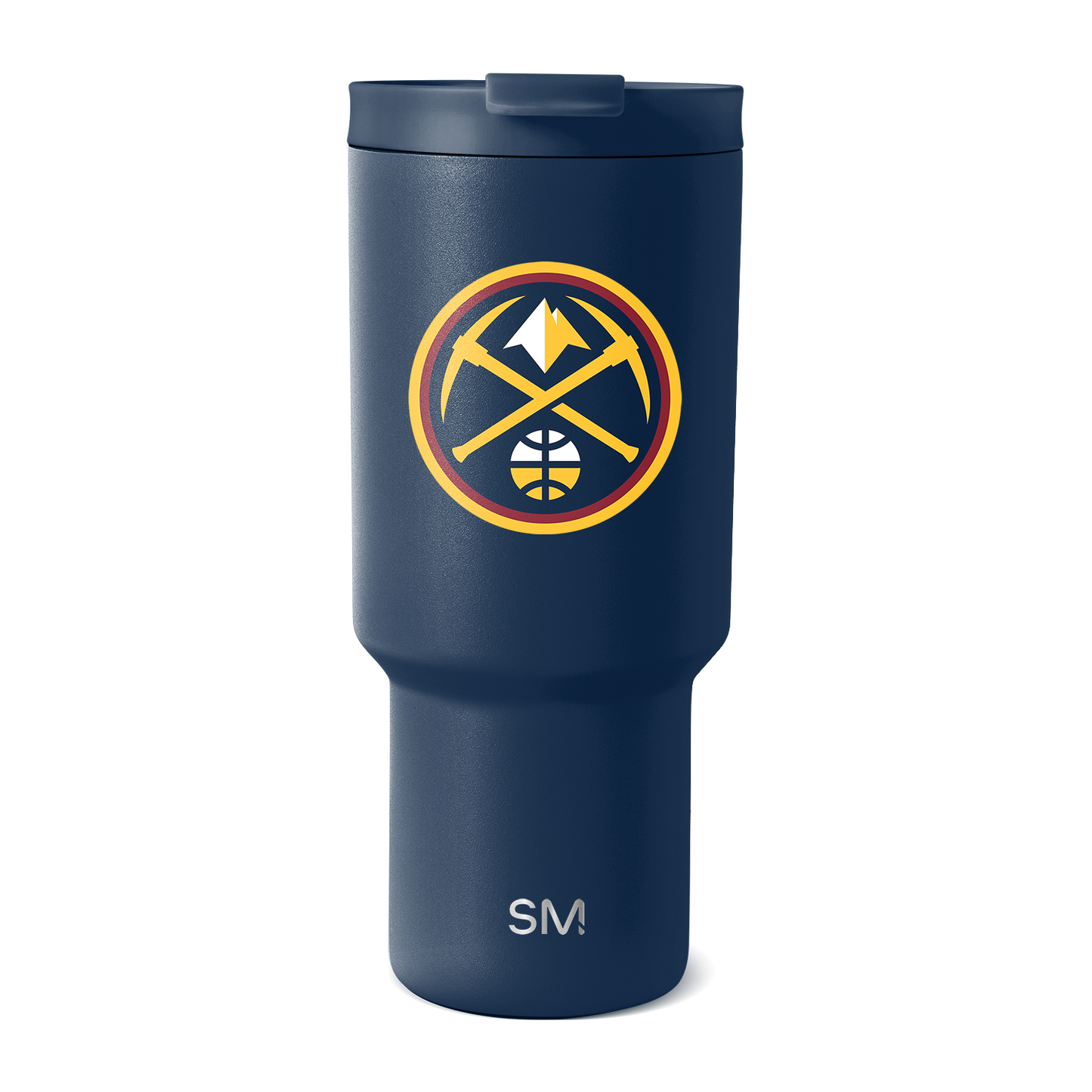 Navy blue insulated tumbler with wider upper chamber tapering to narrow base, displayed on white background