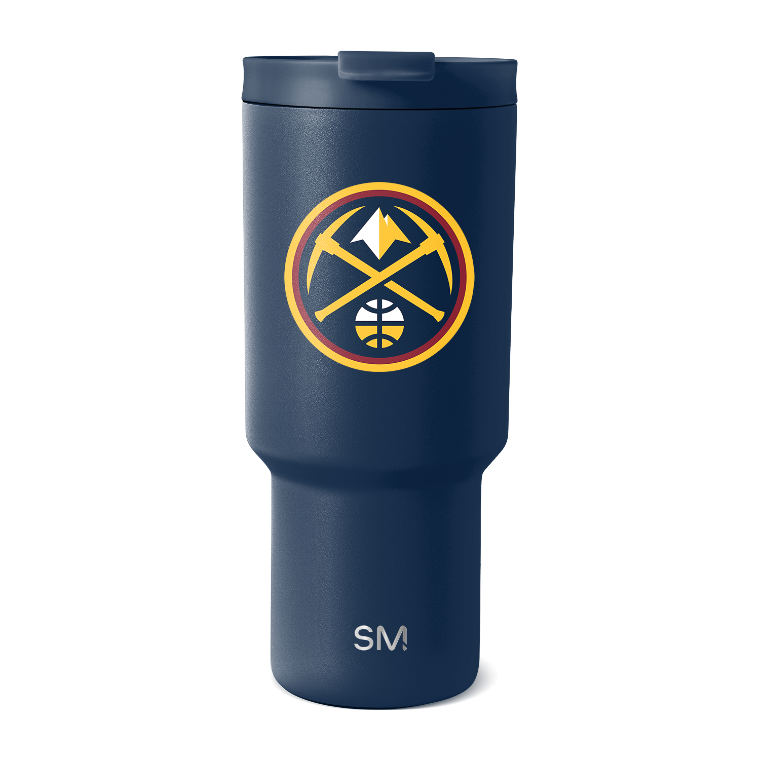 Navy blue insulated tumbler with wider upper chamber tapering to narrow base, displayed on white background