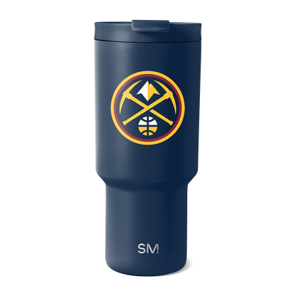 Navy blue insulated tumbler with wider upper chamber tapering to narrow base, displayed on white background