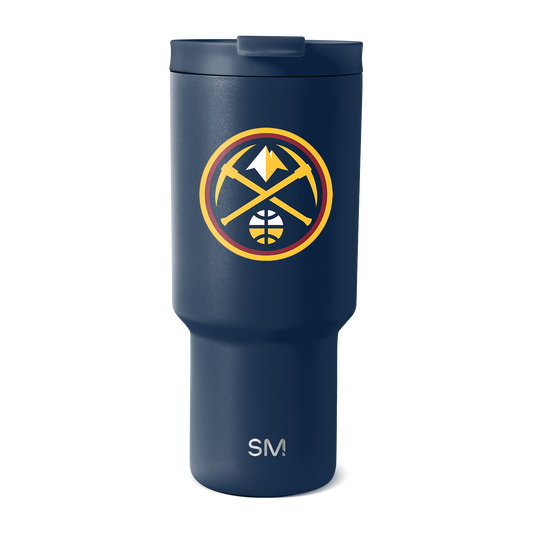 Navy blue insulated tumbler with wider upper chamber tapering to narrow base, displayed on white background