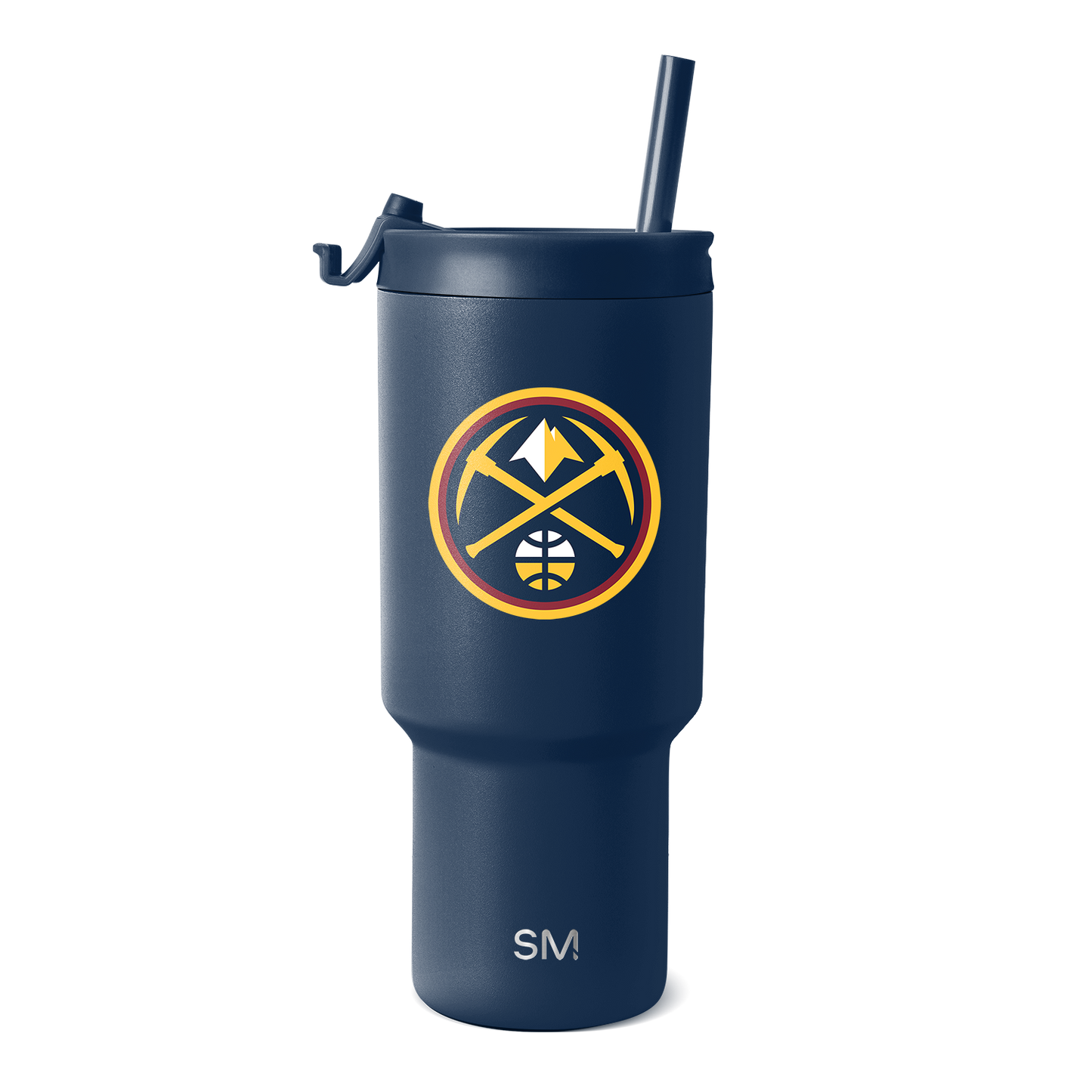 Deep navy blue tumbler with circular logo featuring bright yellow, orange, white, and red accents