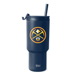 Deep navy blue tumbler with circular logo featuring bright yellow, orange, white, and red accents