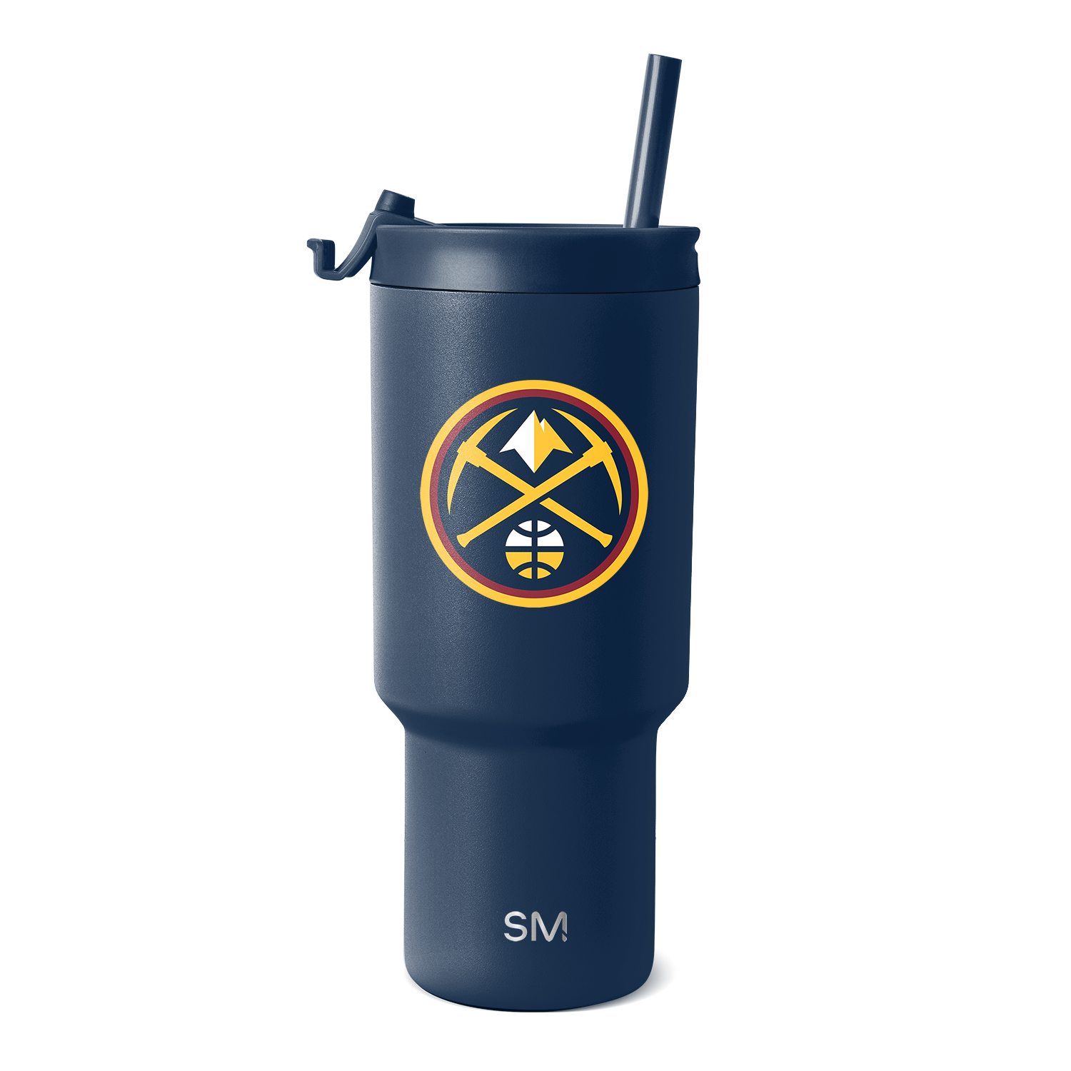 Deep navy blue tumbler with circular logo featuring bright yellow, orange, white, and red accents