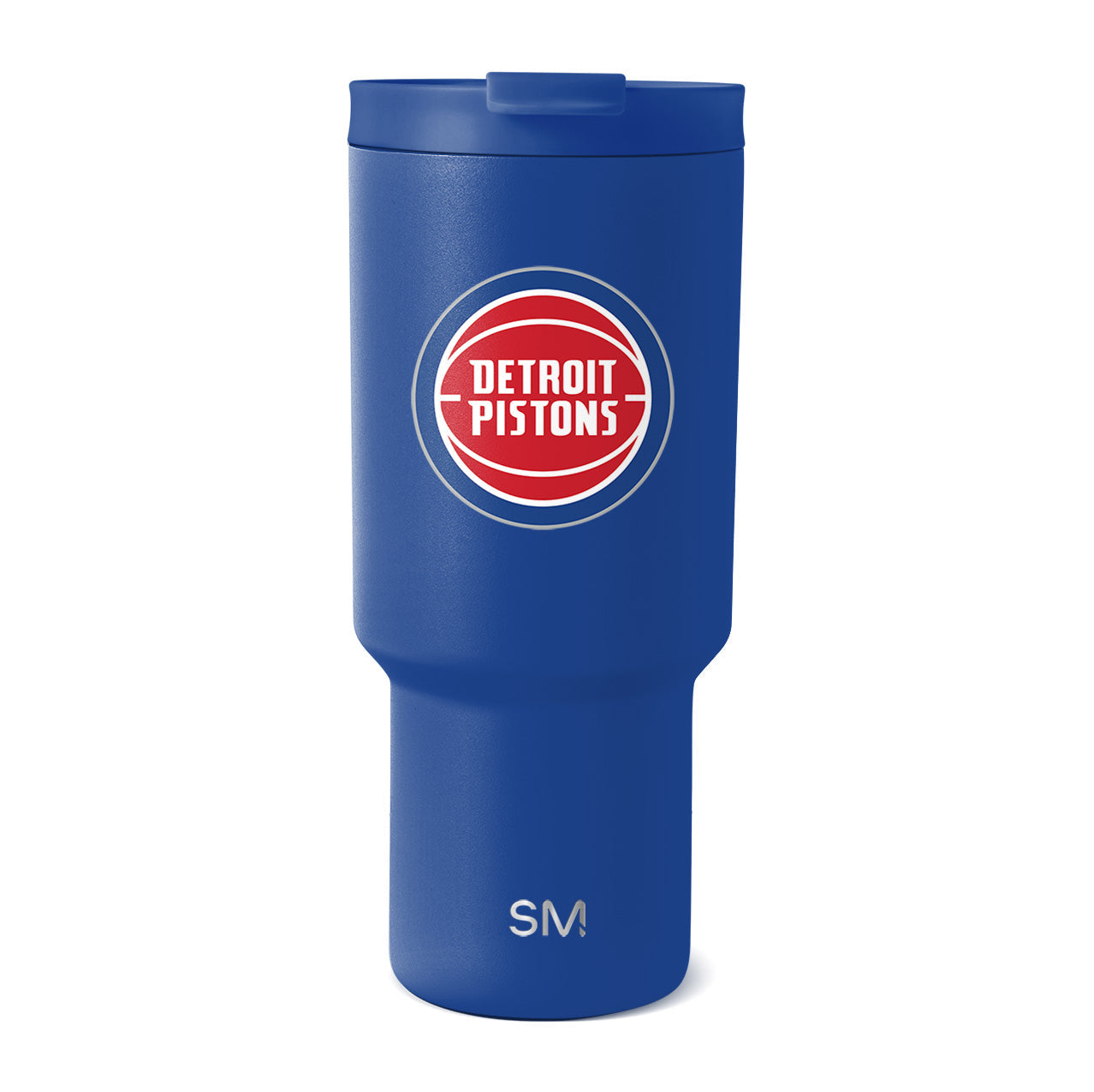 Royal blue insulated tumbler with stepped cylindrical design on white background