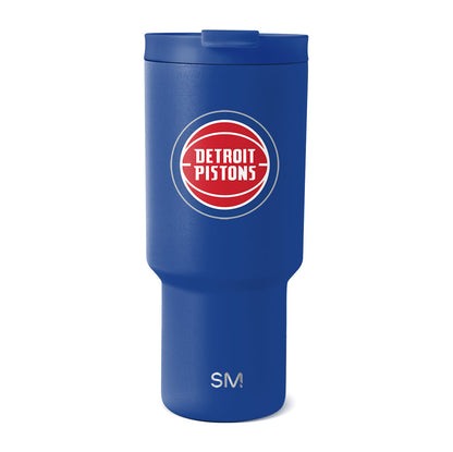 Royal blue insulated tumbler with stepped cylindrical design on white background