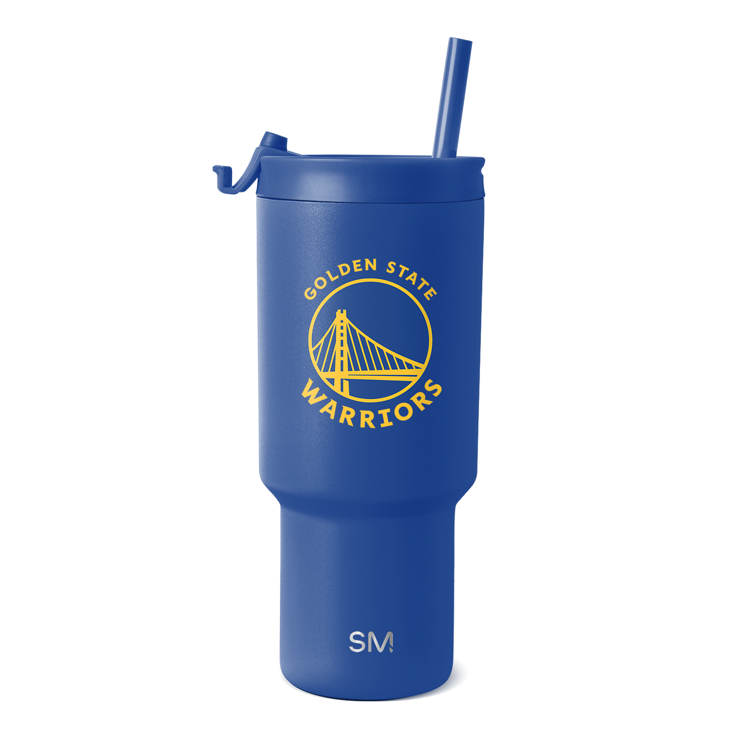 Royal blue tumbler with golden yellow logo and accents on white background