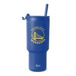 Royal blue tumbler with golden yellow logo and accents on white background