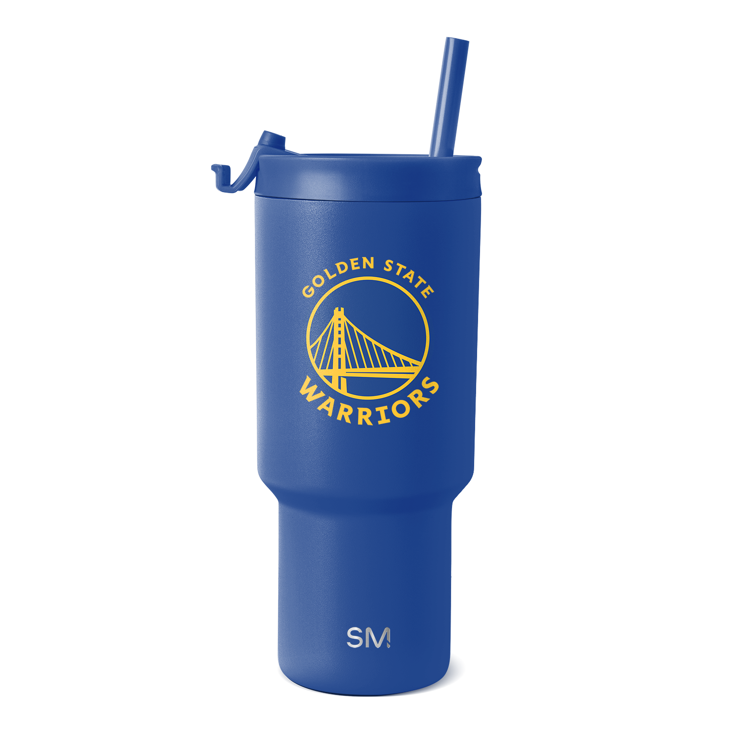 Royal blue tumbler with golden yellow logo and accents on white background