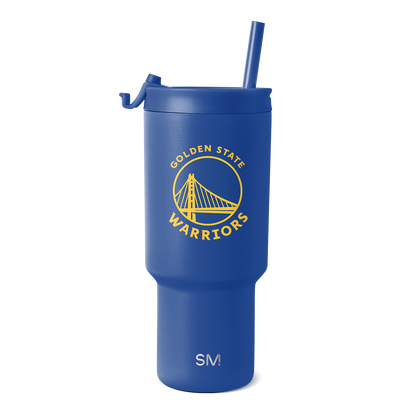 Royal blue tumbler with golden yellow logo and accents on white background