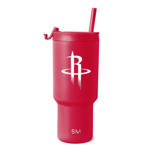 Hot pink tumbler with white logo and branding design
